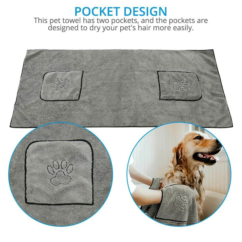 Gray pet towel with paw print pockets for drying dogs, ideal for bath time grooming