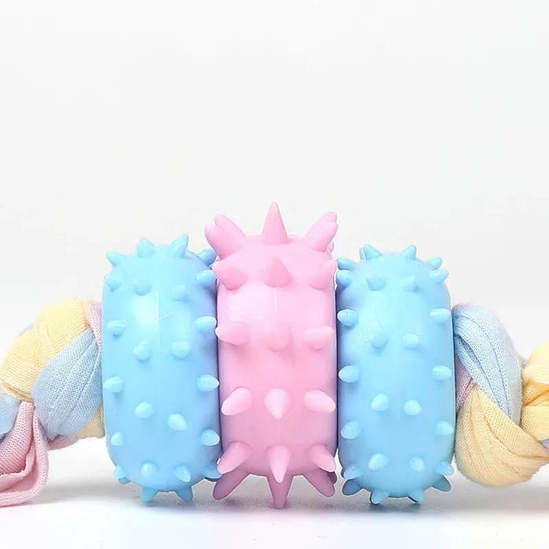 Pastel blue and pink spiked dog chew toy with rope ends for interactive play and dental care