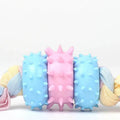 Pastel blue and pink spiked dog chew toy with rope ends for interactive play and dental care