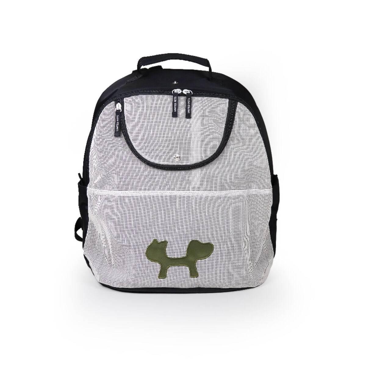 Pet carrier backpack with mesh design and dog/cat silhouette, ideal for dog and cat travel essentials