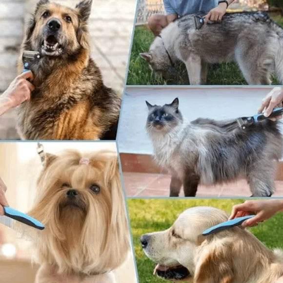 Gentle pet grooming brush for dogs and cats, ideal for shedding control and coat care