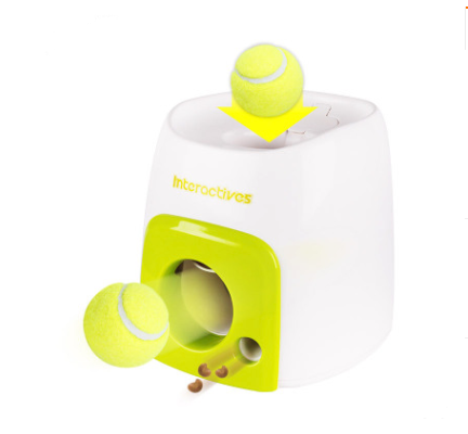 Interactive dog toy dispenser with tennis balls and treats for pet playtime
