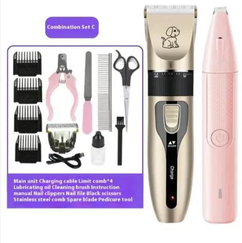 Pet grooming kit with electric clipper, nail clippers, combs, and pedicure tools for dogs and cats