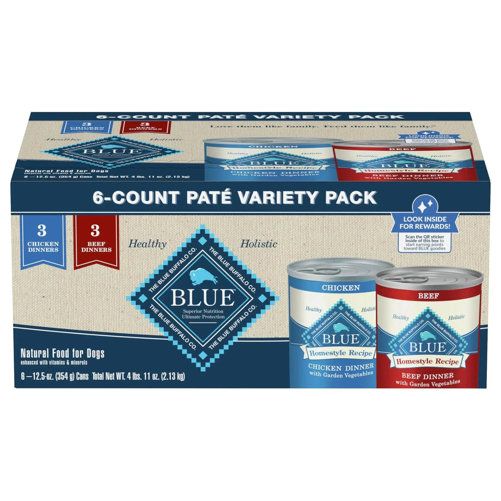 Blue Buffalo 6-count p?t? variety pack dog food with chicken and beef dinners, healthy holistic natural pet food
