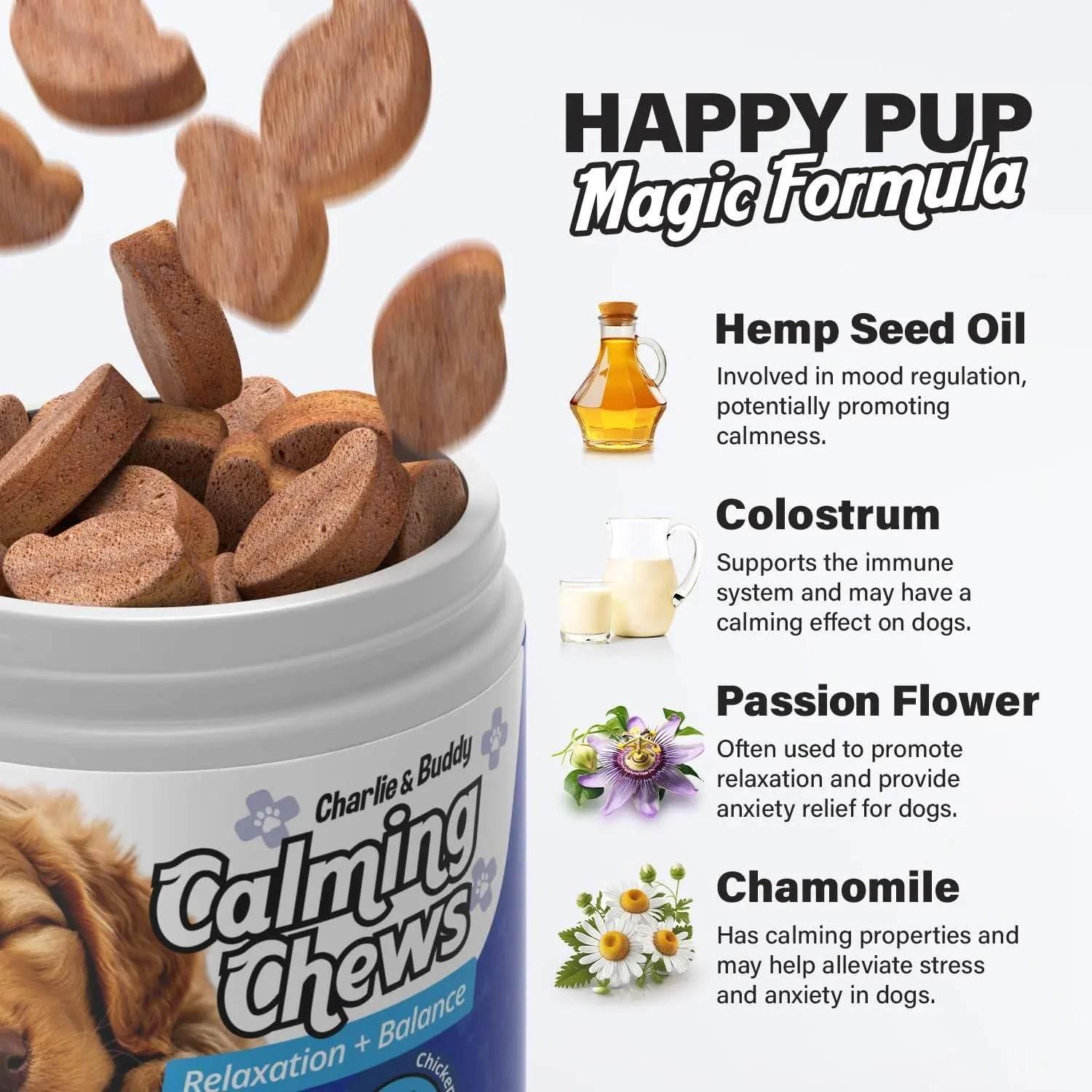 Calming chews for dogs with hemp seed oil, colostrum, passion flower & chamomile for relaxation and anxiety relief