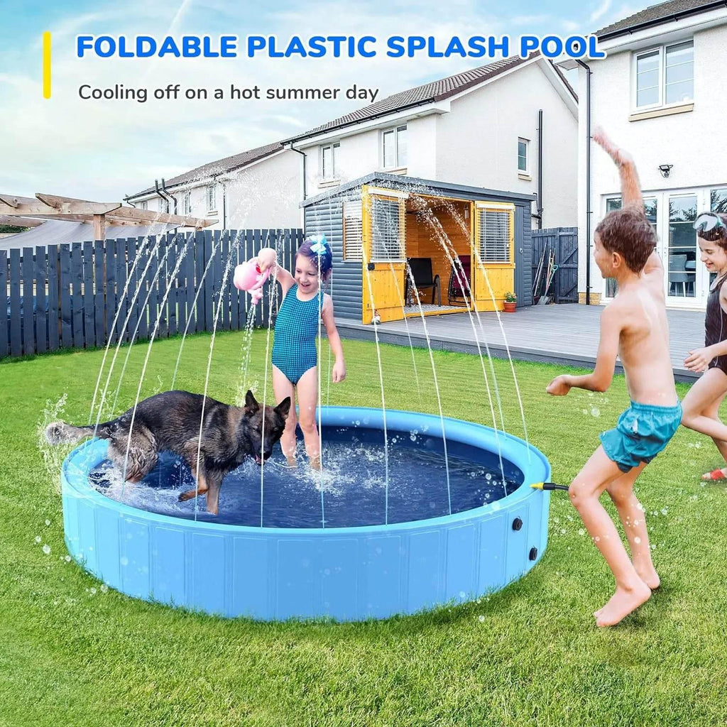 Kids and dog playing in foldable plastic splash pool with water sprays on sunny backyard