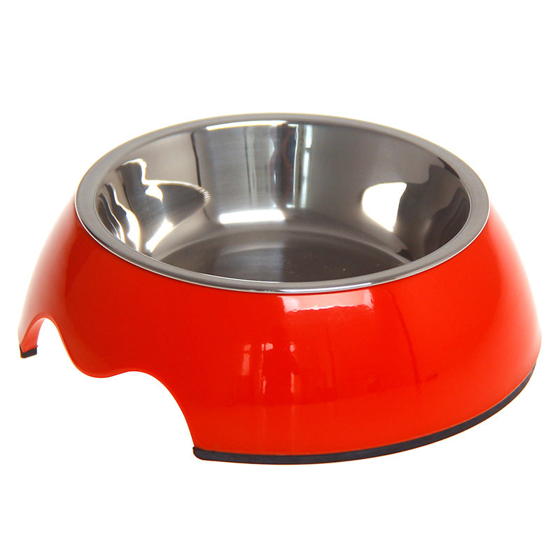 Red pet bowl with stainless steel interior, non-slip base for dogs and cats