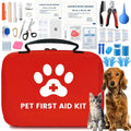 Red pet first aid kit with paw print, supplies for dogs and cats, including bandages, gloves, and tools