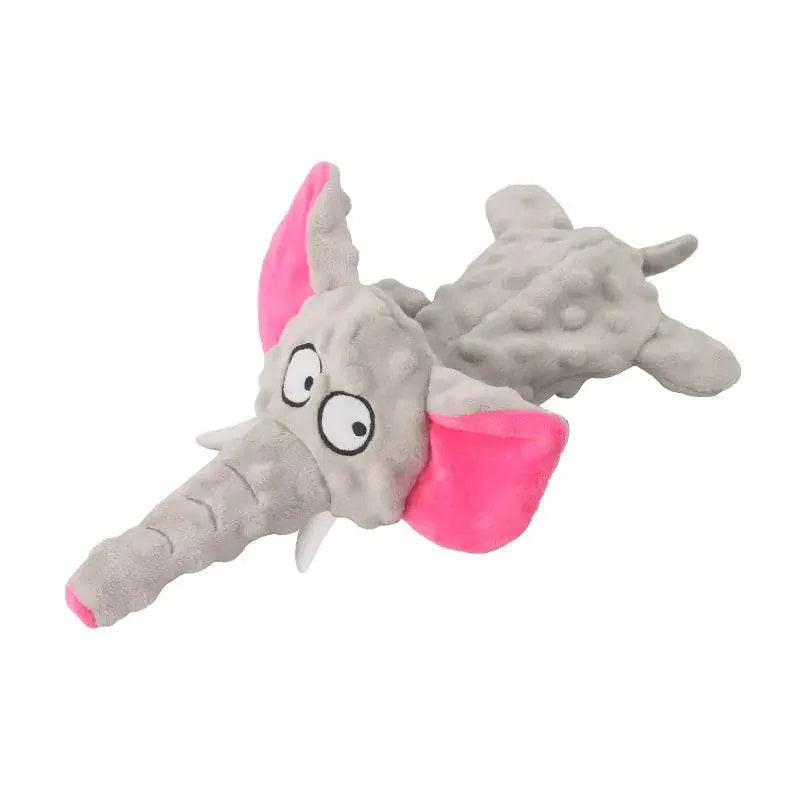 Gray elephant plush dog toy with pink ears and textured body for pet play and chewing