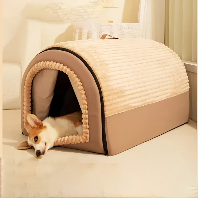 Cozy dog bed with plush entrance, perfect for small dogs like Corgis. Soft, warm pet house for indoor comfort.