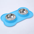 Blue silicone pet feeder with two stainless steel bowls for dog or cat food and water