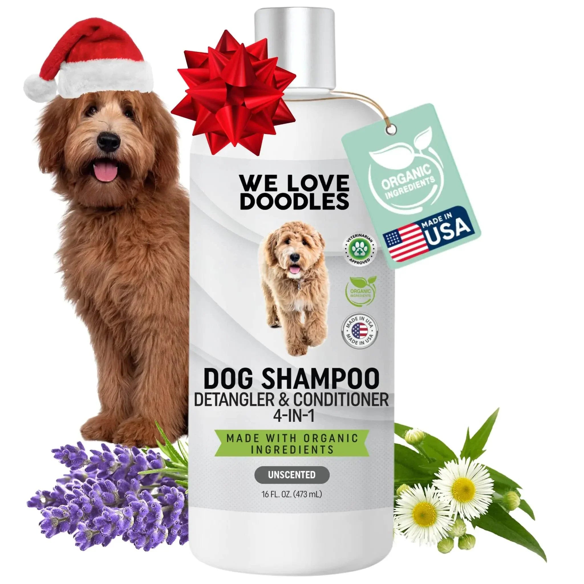 We Love Doodles dog shampoo 4-in-1 with organic ingredients, unscented, made in USA, festive red bow & Santa hat doodle