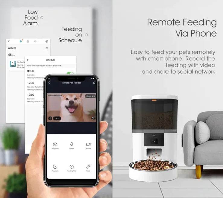 Smart pet feeder with remote phone control, video monitoring, and scheduled feeding for dogs and cats
