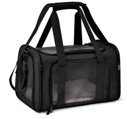Black pet carrier bag with mesh windows and sturdy handles for safe travel with dogs or cats
