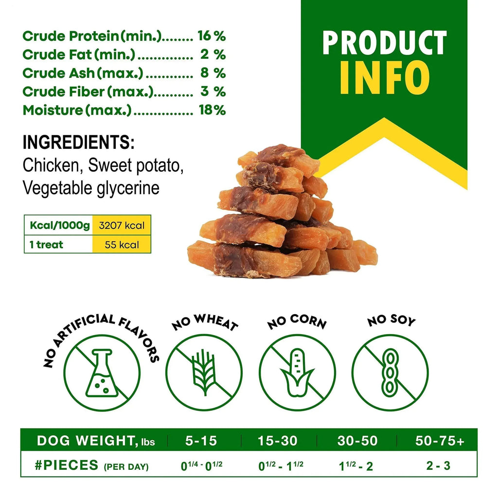 Chicken & sweet potato dog treats with no wheat, corn, or soy ? high protein, natural ingredients for all dog sizes