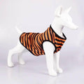 Orange and black striped dog vest on white mannequin, pet fashion accessory for small dogs