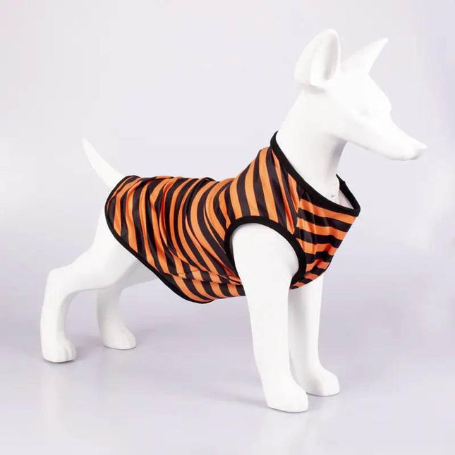 Orange and black striped dog vest on white mannequin, pet fashion accessory for small dogs