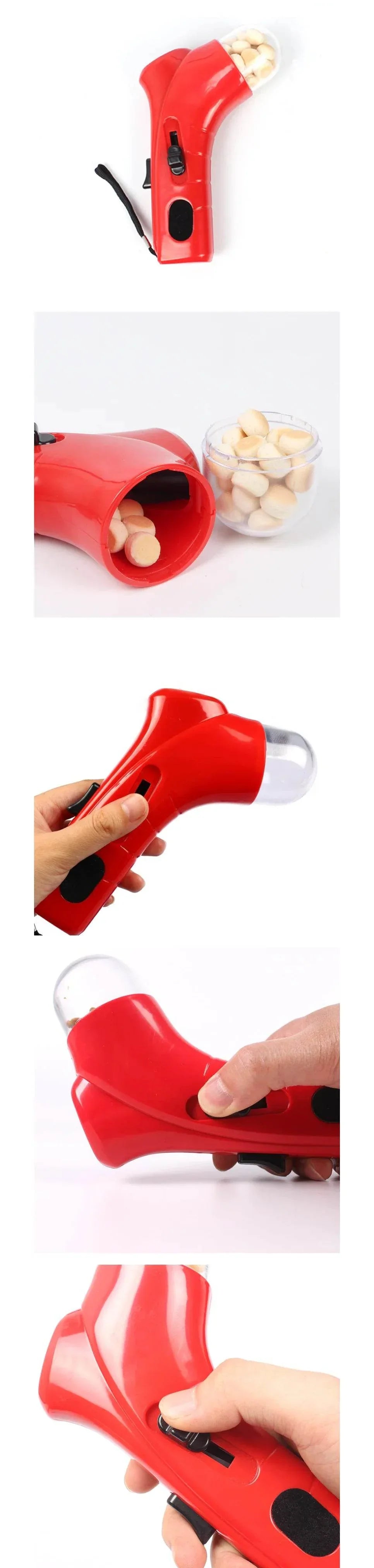 Red pet treat dispenser for dogs and cats, handheld training tool with snack storage and easy release