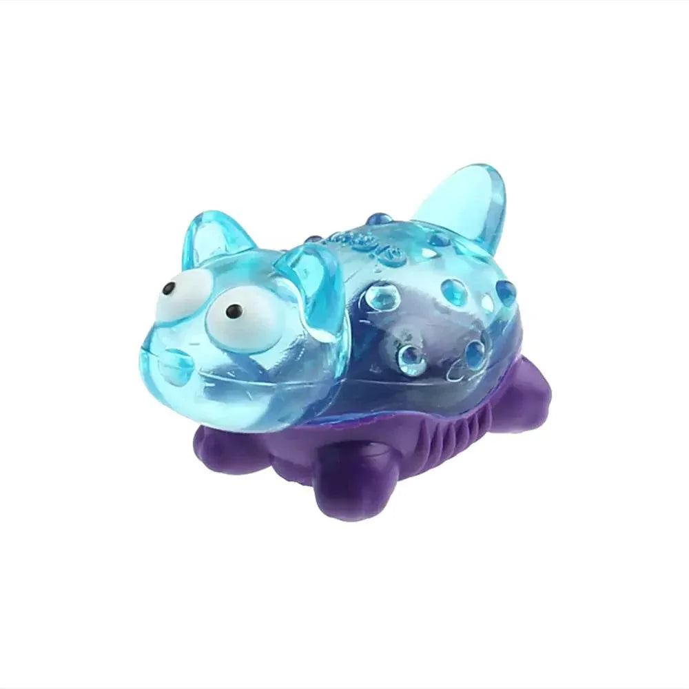 Blue and purple cat-shaped pet toy with bubble details, ideal for interactive play and pet care essentials.