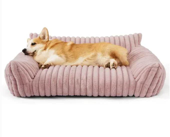 Cozy pink corduroy dog bed with corgi resting, perfect for pet comfort and home decor