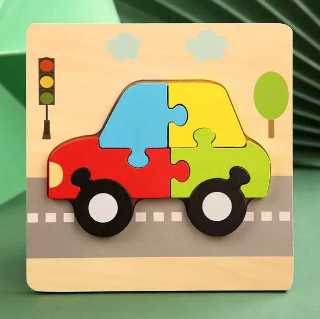Colorful wooden car puzzle toy for kids with traffic light and tree scene
