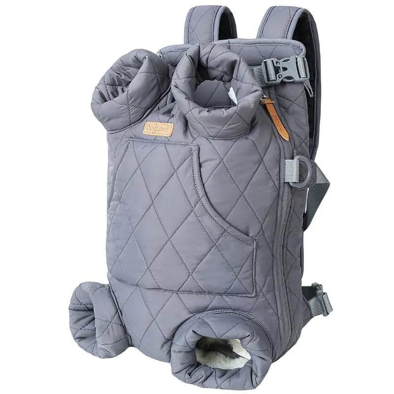 Gray quilted pet carrier backpack with cozy interior, adjustable straps, and front pocket for dog or cat travel