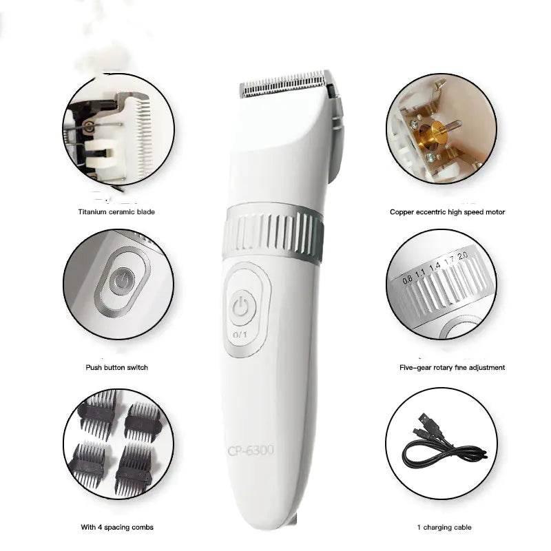 White pet grooming clipper with titanium blade, 4 combs, USB charging, and 5-gear adjustment for dogs and cats