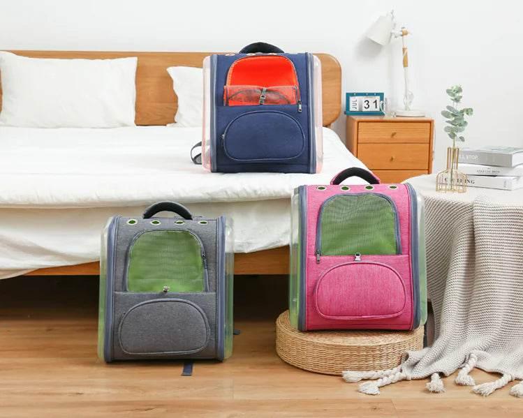 Colorful pet carrier backpacks for cats and dogs, featuring mesh windows and soft fabric, ideal for travel and daily use.