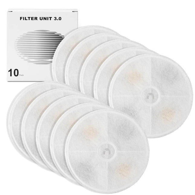10-pack Filter Unit 3.0 replacement filters for pet water fountains, circular white design