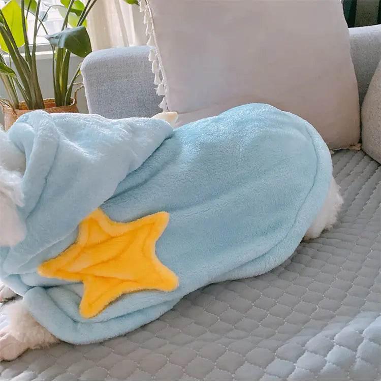 Soft blue pet hoodie with yellow star, cozy dog clothing for small pets