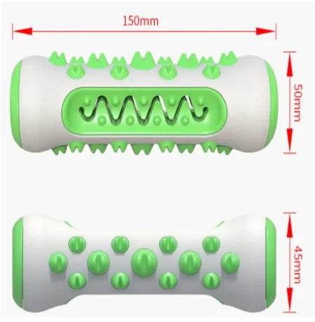 Green and white dog chew toy with textured ridges and nubs, 150mm long for pet dental care