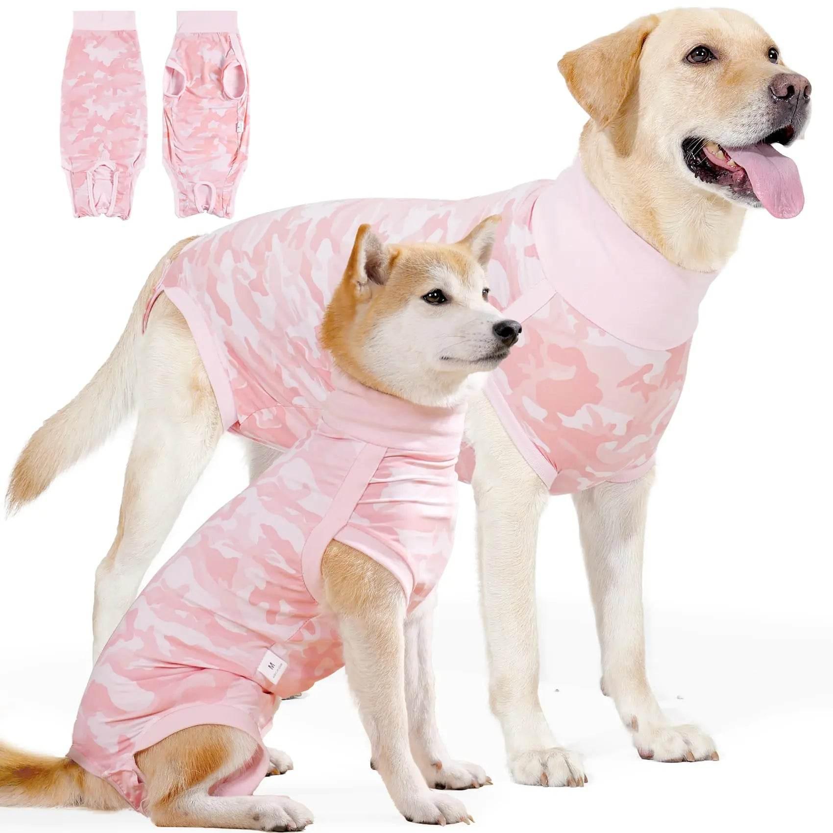 Pink camo dog diapers for female dogs, shown on Shiba Inu and Labrador, pet care essentials