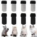 Cat paw protectors in black and gray mesh, non-slip pet socks for indoor cats, shown on multiple breeds