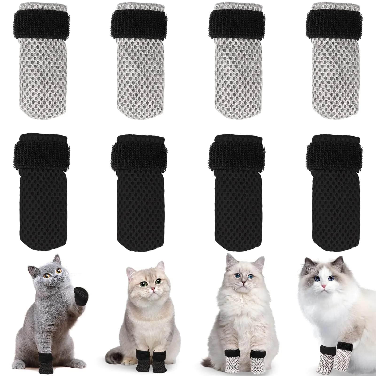Cat paw protectors in black and gray mesh, non-slip pet socks for indoor cats, shown on multiple breeds