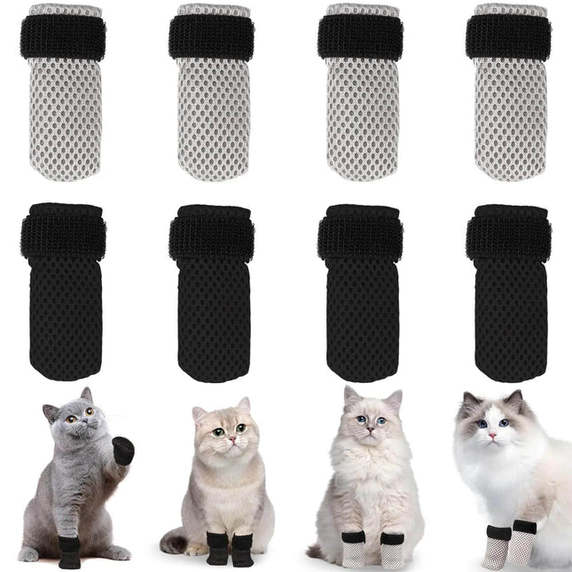 Cat paw protectors in black and gray mesh, non-slip pet socks for indoor cats, shown on multiple breeds