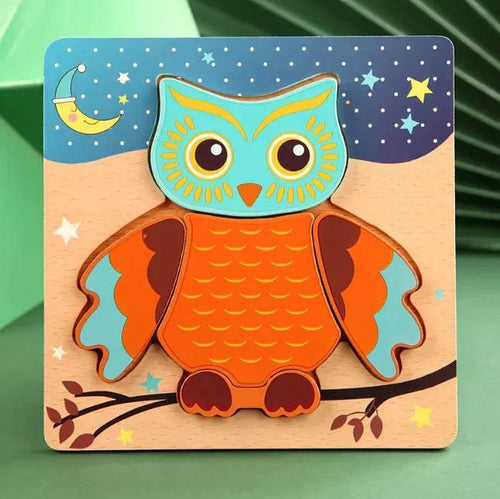 Colorful wooden owl puzzle toy for kids with night sky design, perfect for early learning and pet-themed play