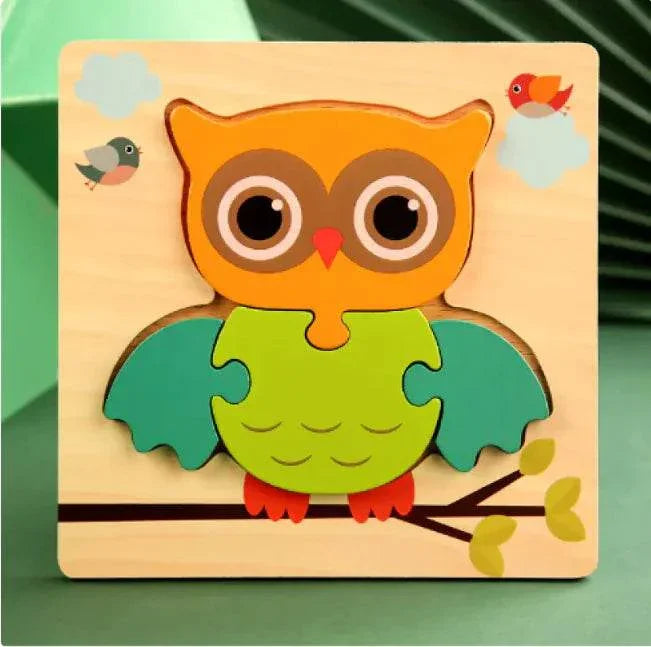 Colorful wooden owl puzzle toy for kids with birds and clouds design