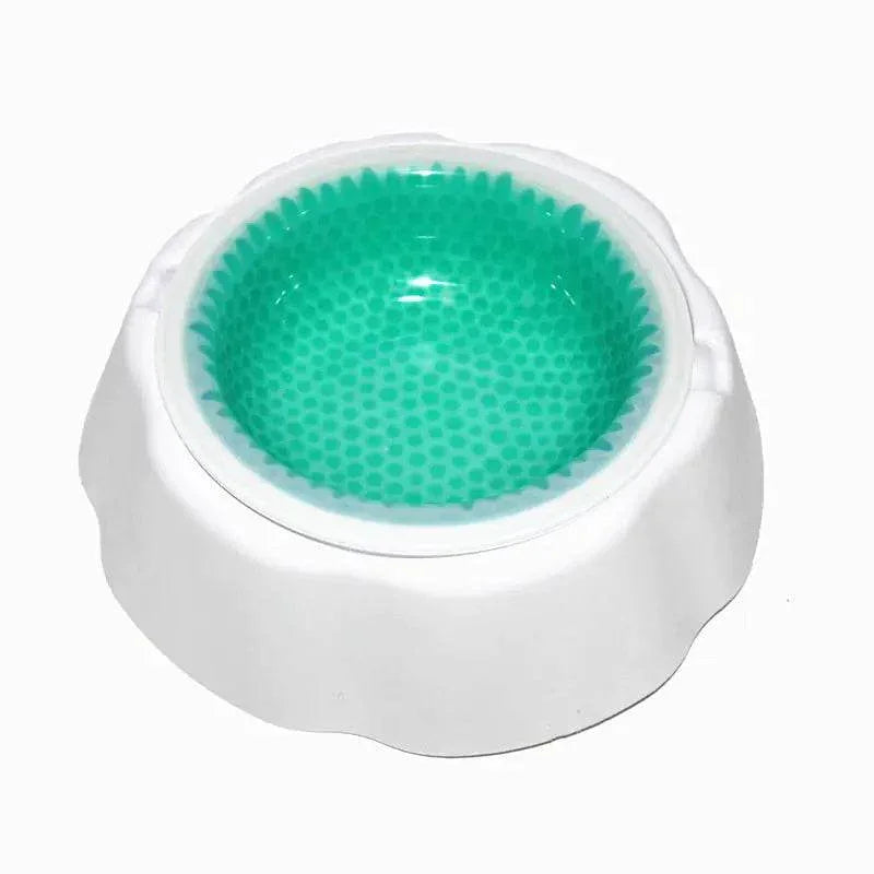 White pet bowl with green textured interior for dogs and cats, slow feeder design