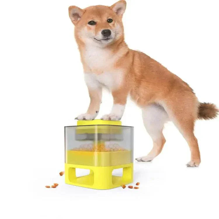 Shiba Inu dog using yellow interactive food puzzle feeder for mental stimulation and slow feeding