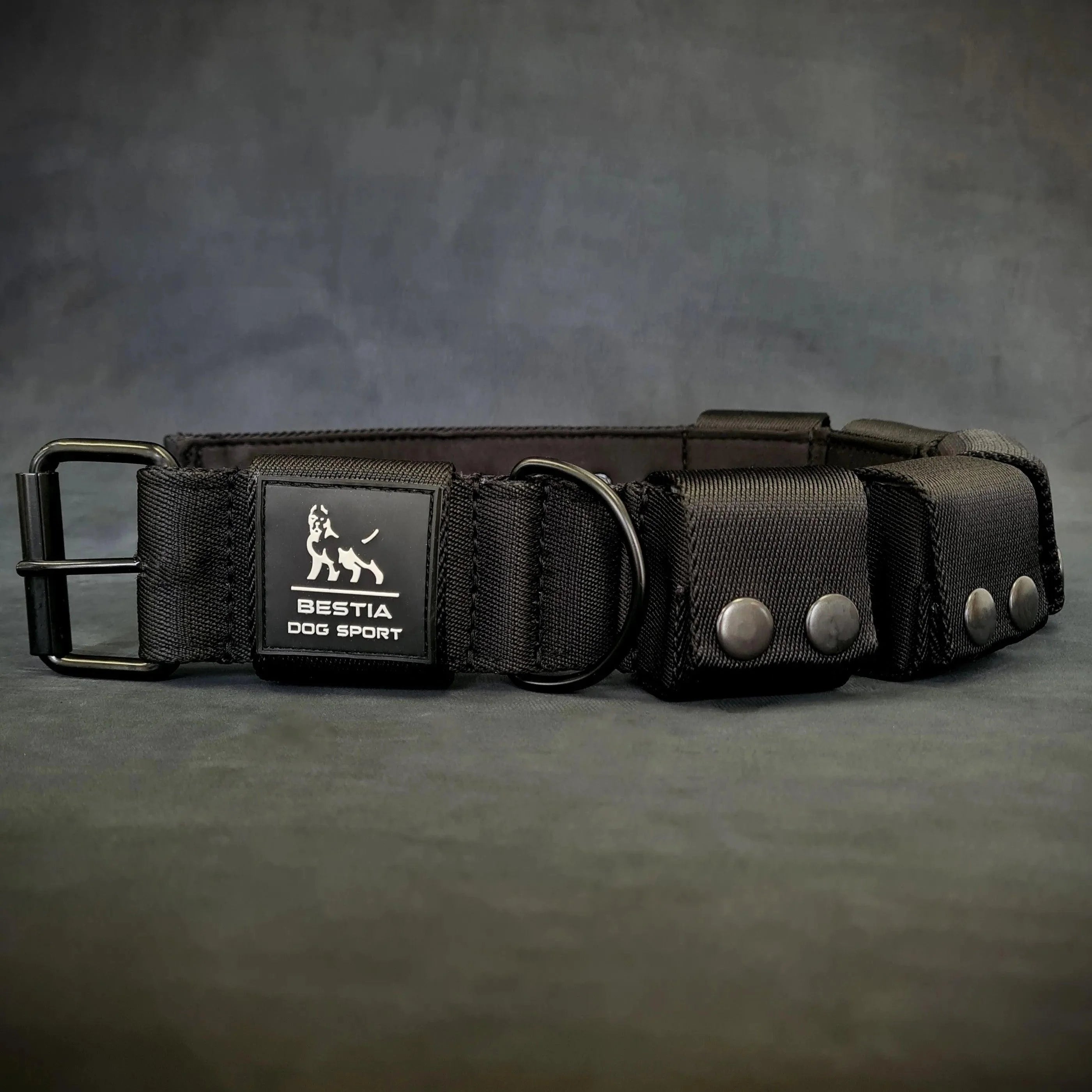 Bestia Dog Sport black nylon dog collar with metal buckle and D-ring, durable pet accessory for active dogs