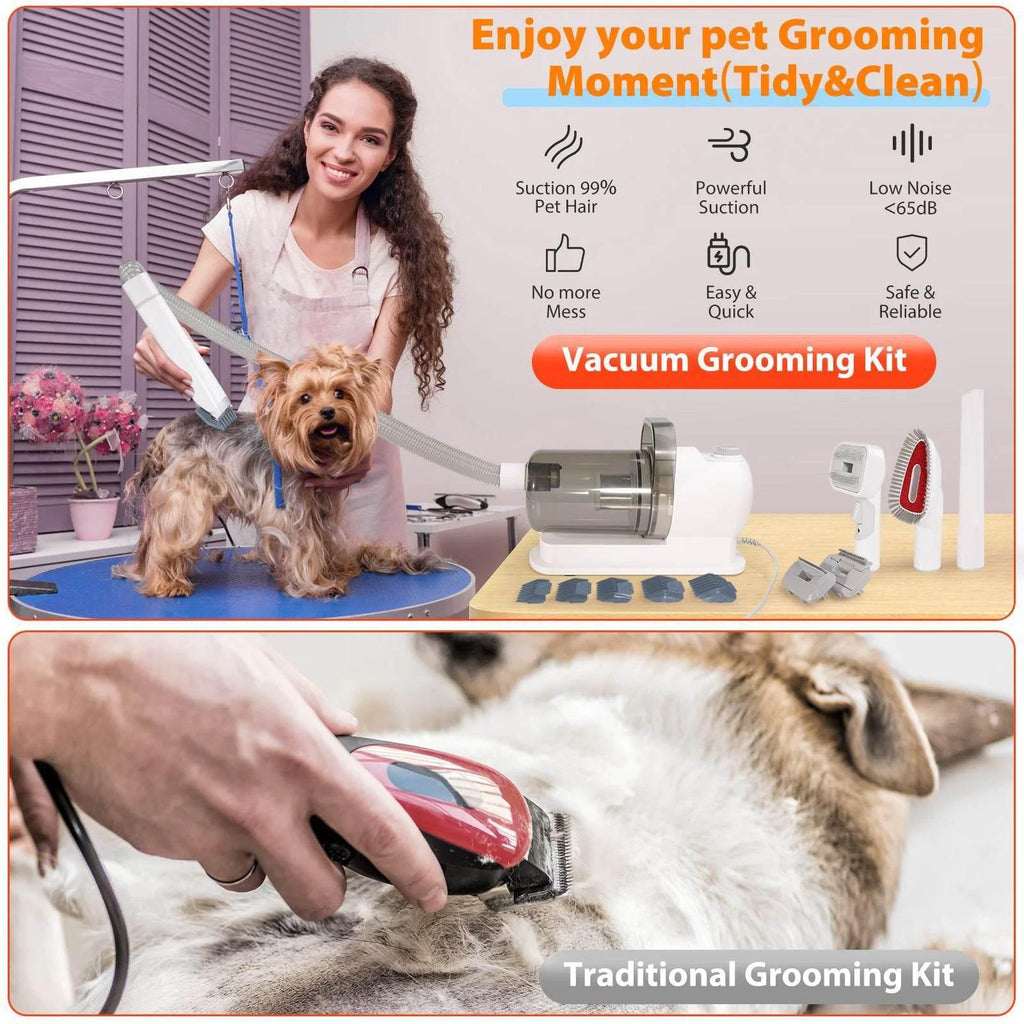 Vacuum grooming kit for dogs with suction, low noise, and easy cleanup vs traditional clipper