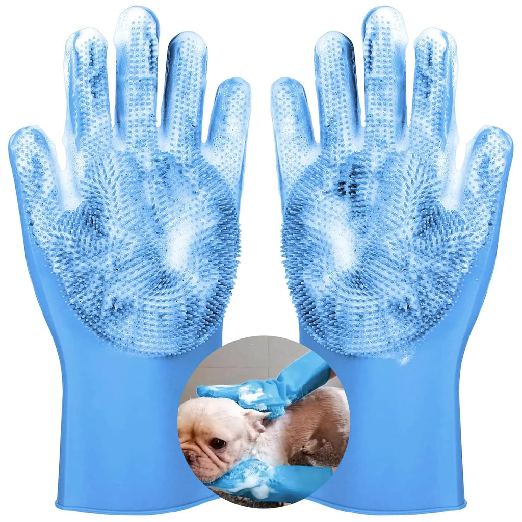 Blue silicone pet grooming gloves with massage bristles for dog bathing and brushing