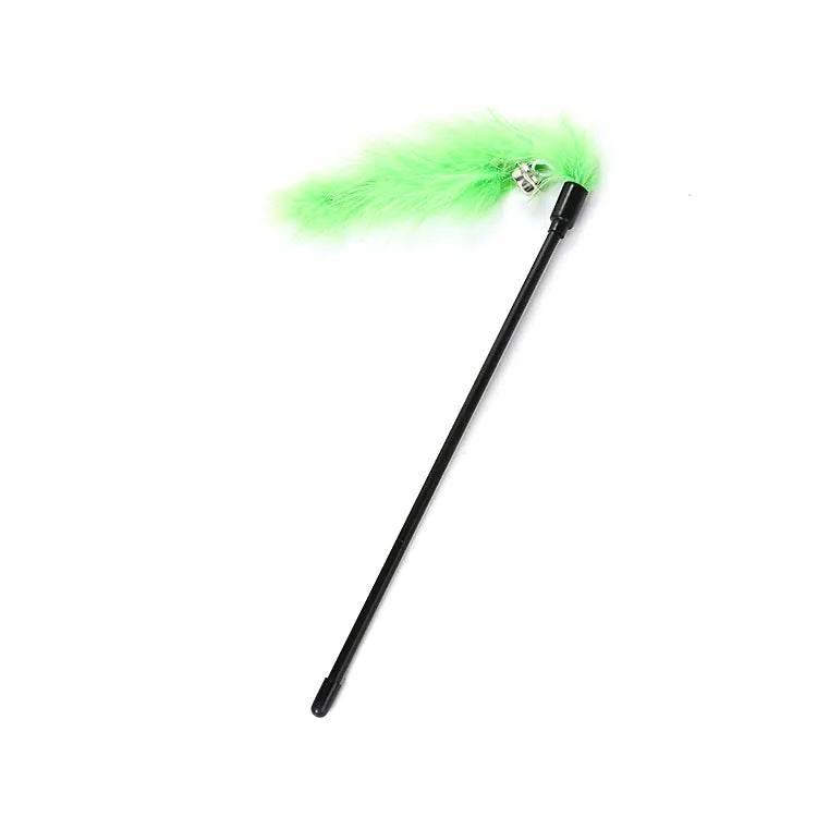 Green feather cat toy wand with bell for interactive pet play and exercise