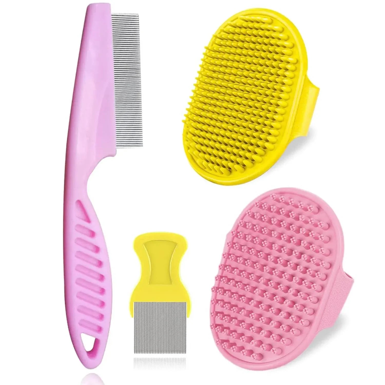 Pet grooming kit with pink and yellow brushes and combs for dogs and cats