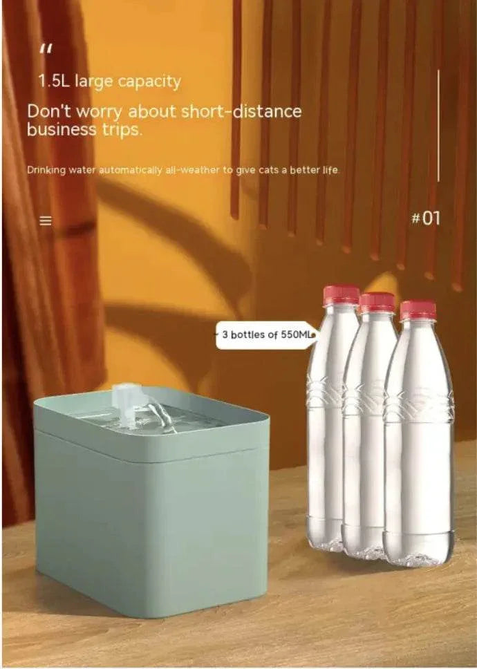 1.5L automatic cat water fountain with 3x550ml bottle capacity, ideal for pet hydration and travel