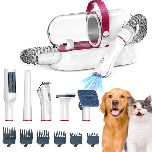 Pet grooming vacuum with attachments for dogs and cats, featuring clipper, brush, and comb tools