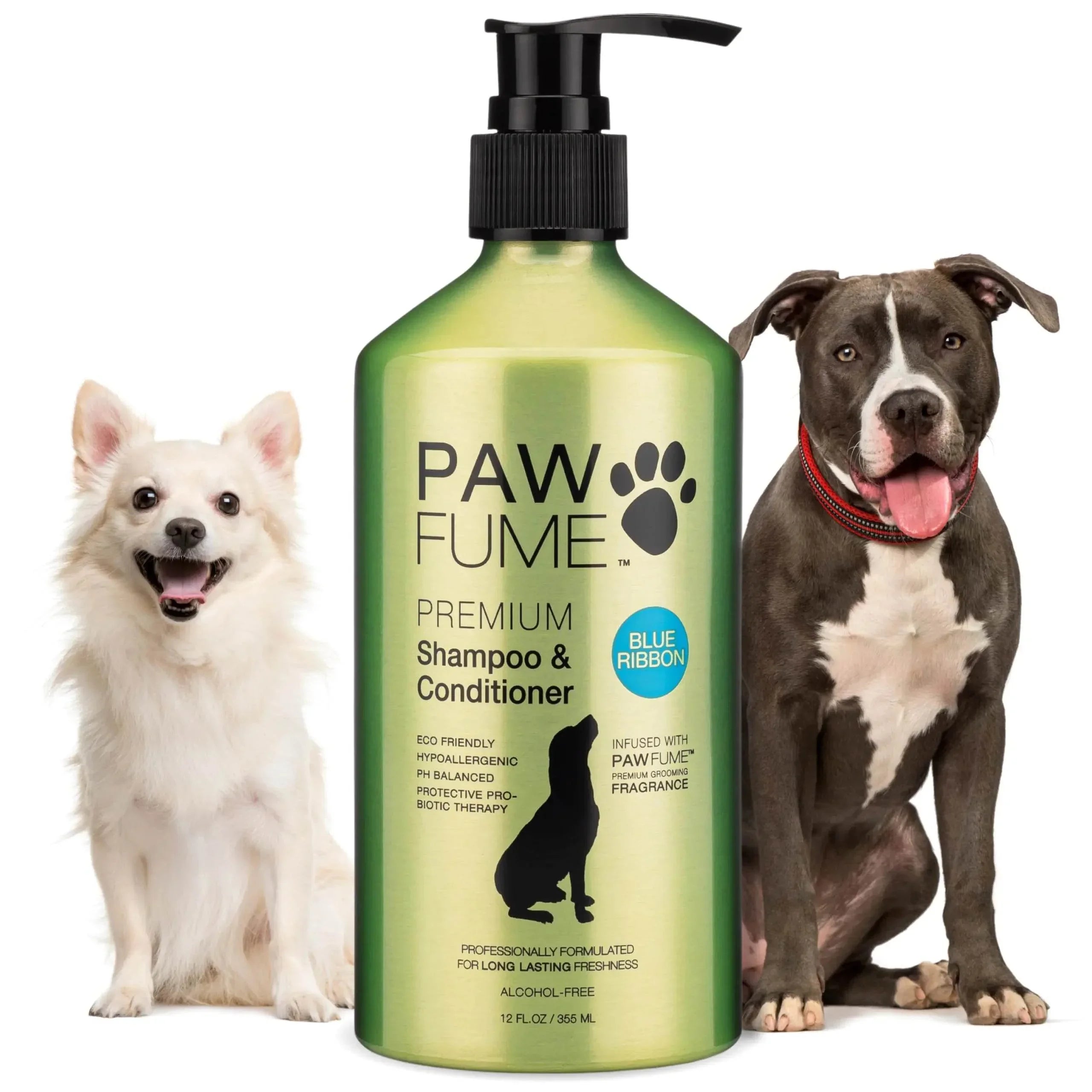 Paw Fume Premium Dog Shampoo & Conditioner with Blue Ribbon scent, eco-friendly and hypoallergenic, shown with two happy dogs