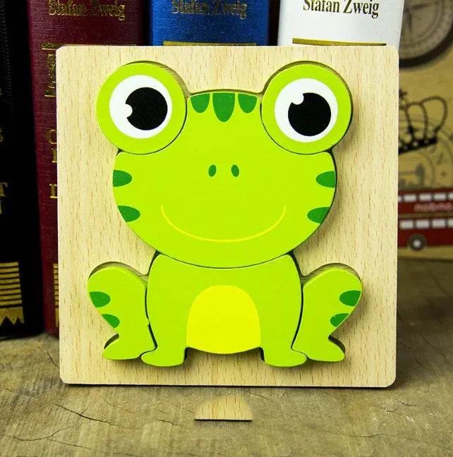 Green wooden frog puzzle toy for kids, educational animal shape game on wooden base