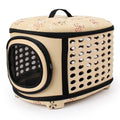 Beige floral pet carrier with mesh window and ventilation holes for cats and small dogs