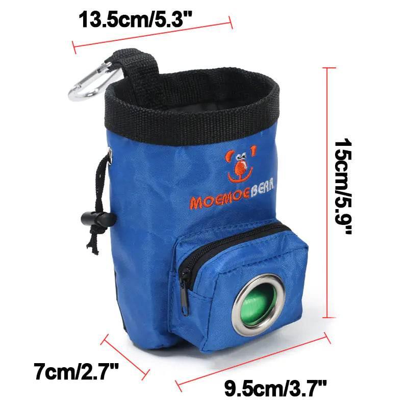 Blue dog training treat pouch with carabiner, zipper pocket, and green treat dispenser, 15cm tall